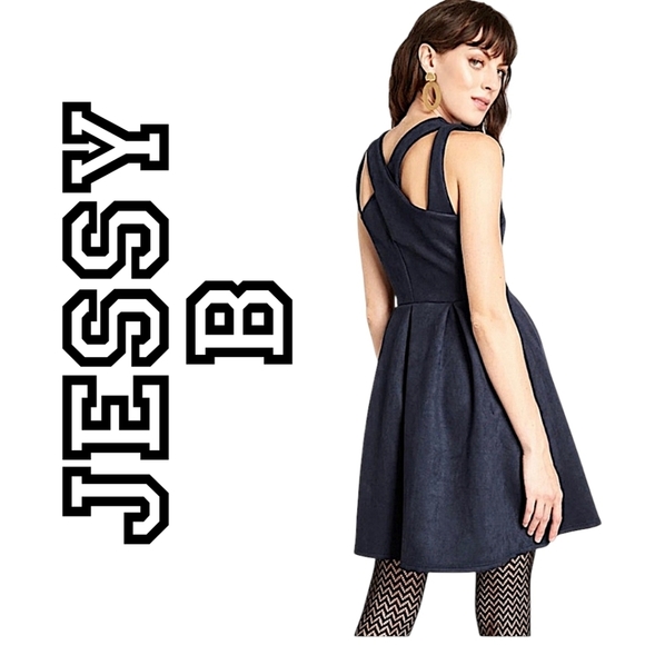 Jessy B Dresses & Skirts - ModCloth Jessy B Mini Dress Pleate Navy Faux Suede Fit & Flare Skater Size Small